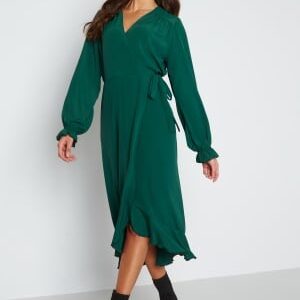 John Zack Long Sleeve Wrap Frill Dress Forest Green XS (UK8)