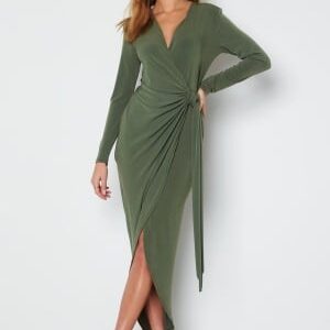 John Zack Long Sleeve Wrap Maxi Dress Khaki L (UK14)