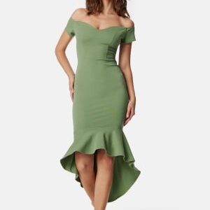 John Zack Off Shoulder Frill High Low Dress Sage Green S (UK10)