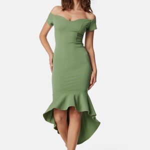 John Zack Off Shoulder Frill High Low Dress Sage Green XXS (UK6)