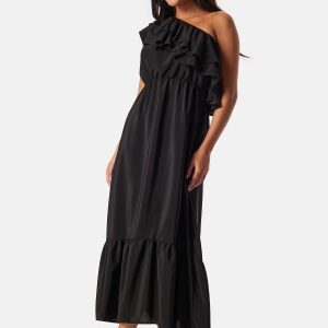 John Zack One Shoulder Ruffle Maxi Dress Black XS (UK8)