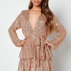 John Zack Sequin Deep V Ruffle Skater Dress Rose Gold XXS (UK6)