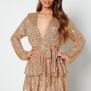 John Zack Sequin Deep V Ruffle Skater Dress Gold XXS (UK6)