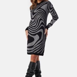 Object Collectors Item Ray L/S Knit Dress AOP Black Pattern:Medium grey me S