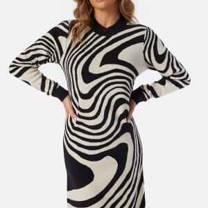 Object Collectors Item Ray L/S Knit Dress AOP Black Pattern:Sandshell zebra S