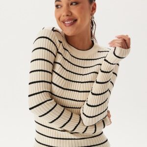 Pieces Pccrista LS O-Neck Knit Birch Stripes:BLACK NARROW XS