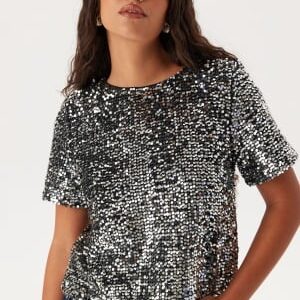 Pieces Pcserena Sequin Ss O-neck Top Black Detail:silver Detail S