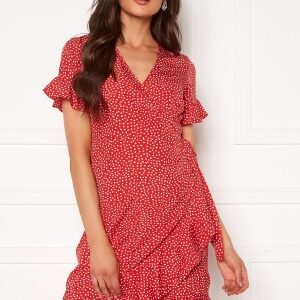 VERO MODA Henna 2/4 Wrap Frill Dress Goji Berry AOP:White XS