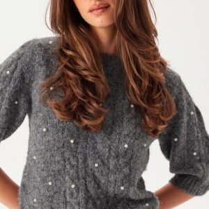 VERO MODA Vmnova Ss Pearl Puff Pullover Dark Grey Melange Detail:w. Wh M