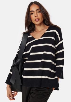 VERO MODA Vmsaba 3/4 V-neck stripe pullover Black Stripes: BIRCH XS