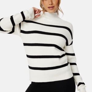 VILA Viril Mockneck L/S Knit Rib Top White Alyssum Stripes:BLACK XL