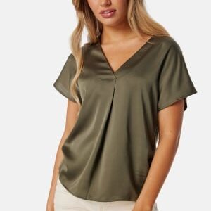 VILA Viellette V-neck S/S SATIN TOP Dusty Olive 36