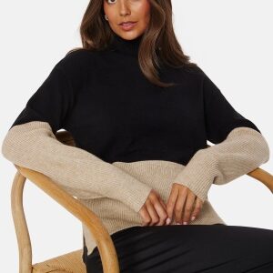 VILA Ril Blocking Roll-NK L/S Knit Top Black/Beige XS