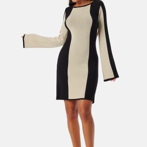 BUBBLEROOM Striped Long Sleeve Knitted Dress Cream/Black M