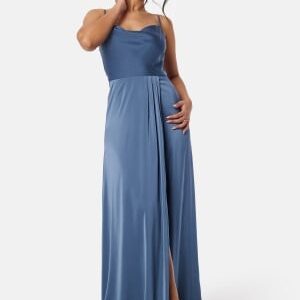 Bubbleroom Occasion Waterfall High Slit Satin Gown Blue 40