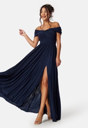 Goddiva Bardot Rouched Maxi Split Dress Navy XXS (UK6)