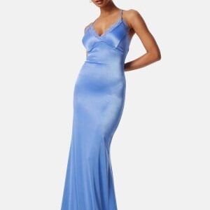 Goddiva Satin Lace Trim Maxi Dress Cornflower Blue M (UK12)